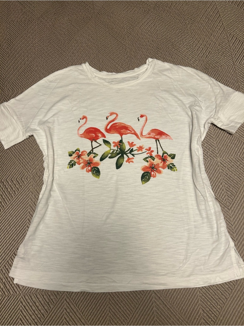 J. Jill White Short-Sleeve Tee with Pink Flamingos and Floral Accent